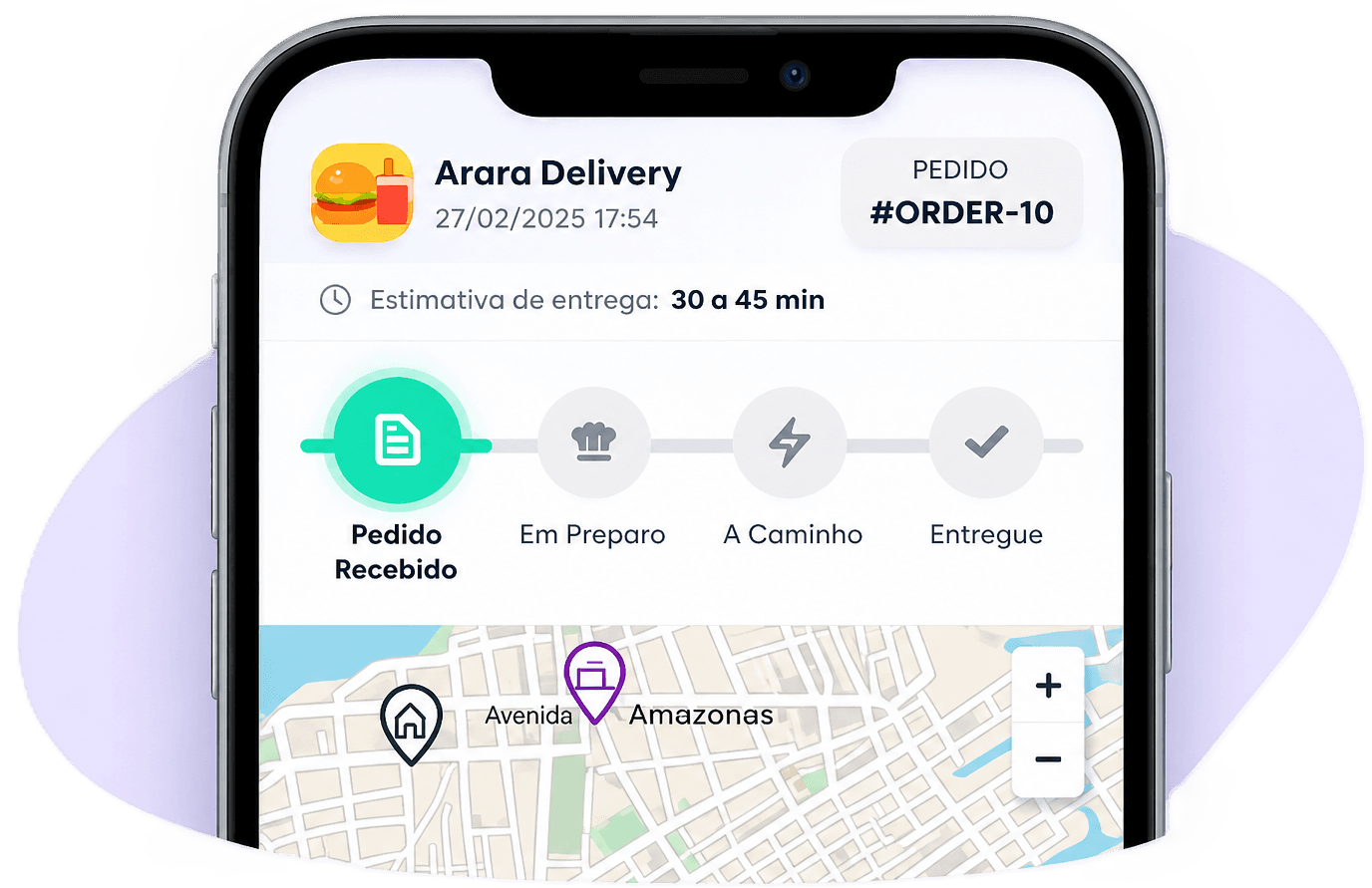 App Arara Delivery mostrando status e localização do pedido