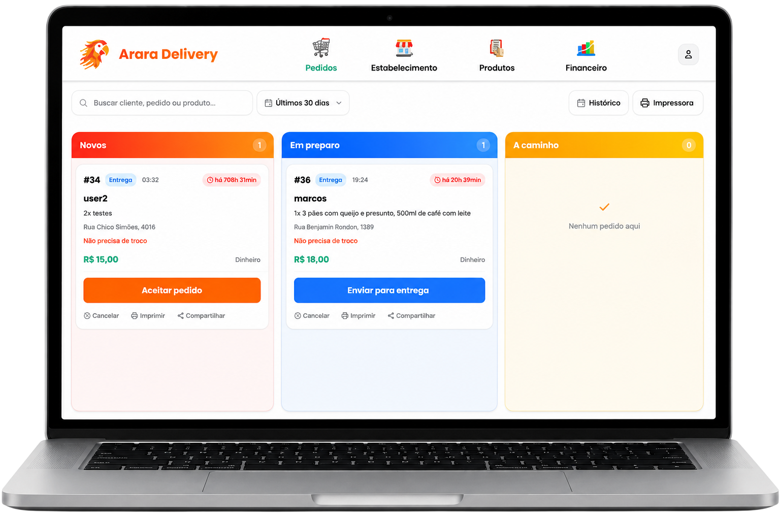 Painel de pedidos do Arara Delivery, com colunas Novos, Em preparo e A caminho